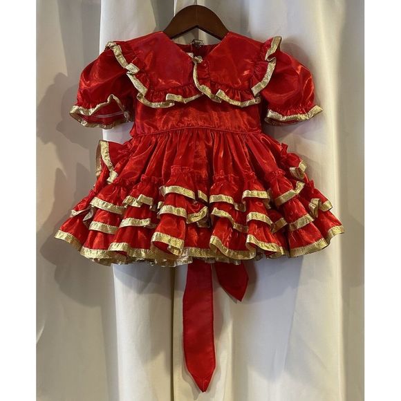 Vintage Aurora Creations Red Gold Ruffle Lace Dress Size‎ 3